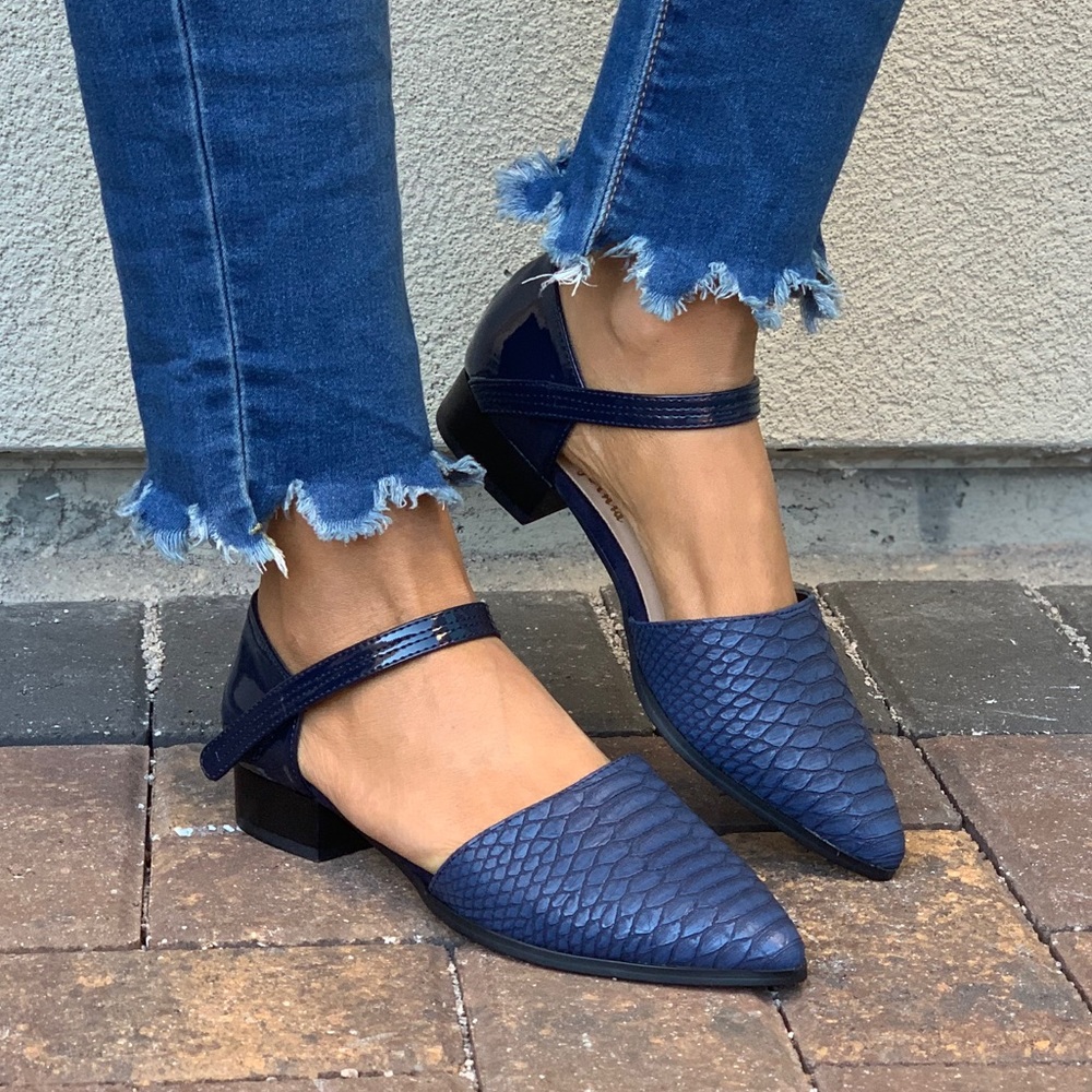Navy Snake Embossed Pointy Toe Mary Jane Loafer - Picture 4 of 7